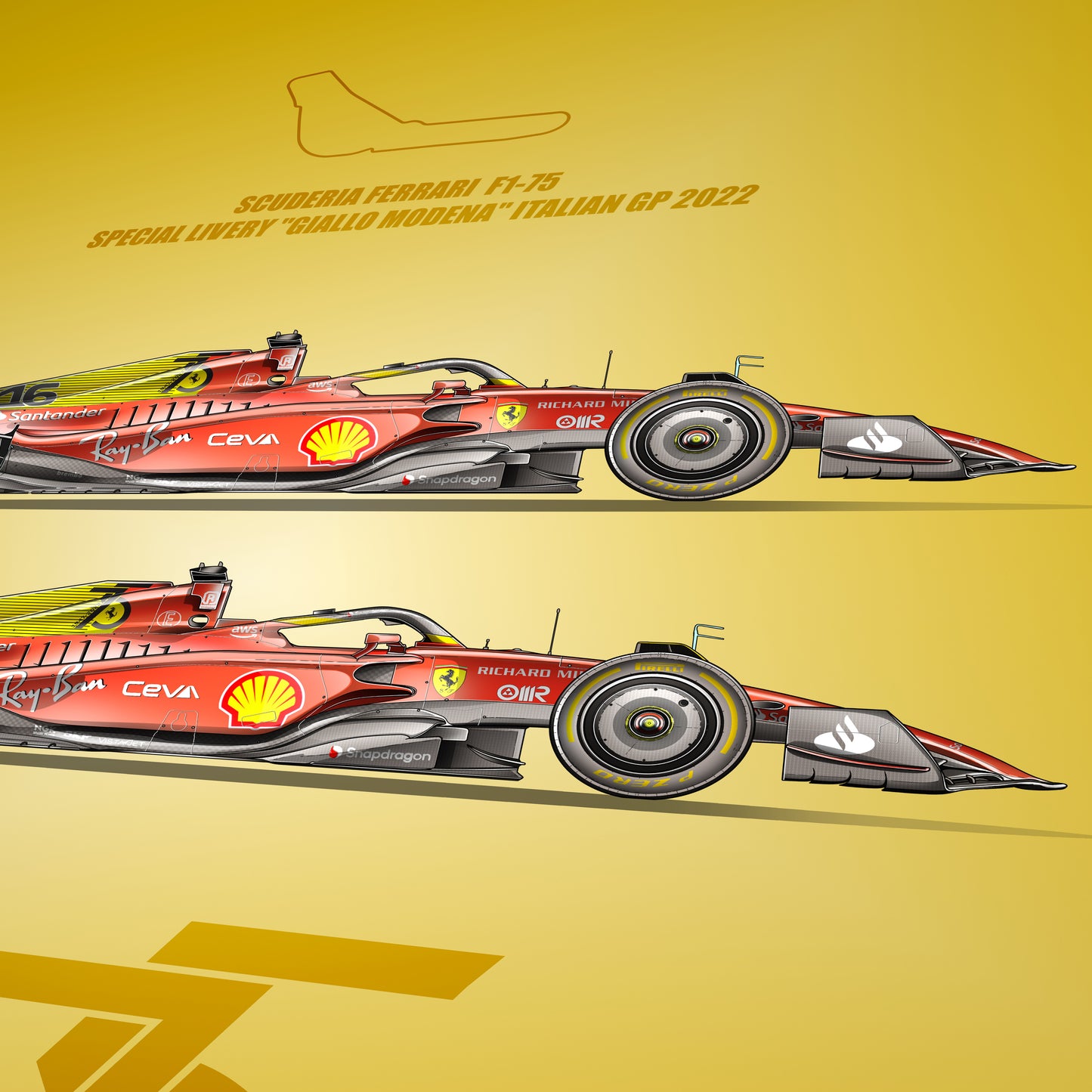 Scuderia Ferrari F1-75 "Giallo Modena 75 years" Leclerc and Sainz  - Poster - A2/A3